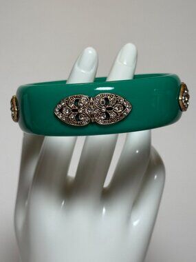 Green Teal Jeweled Cuff Bangle Bracelet Faux Diamond Jeweled Vintage Look